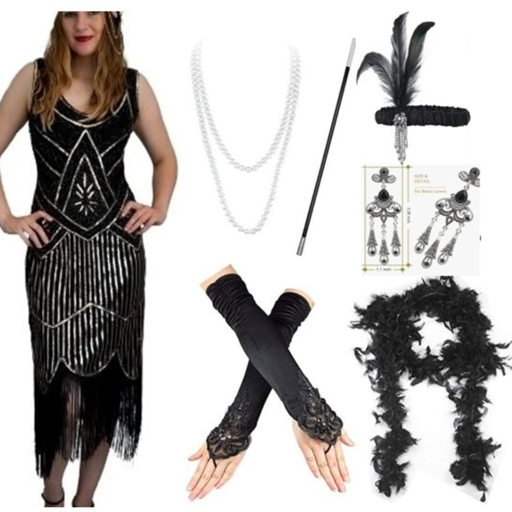 Women's Vintage 1920's Sequin Beaded Tassels Hem Flapper Dress with Accessories